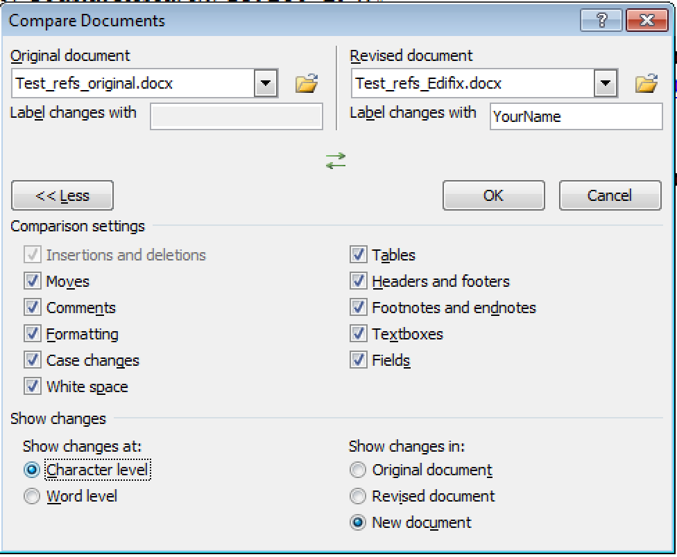 Screenshot of the Word Compare dialog, expanded to show all options, with "Show changes at: Character level" selected