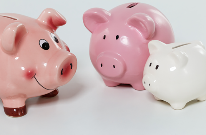 Three pink piggy banks of different sizes