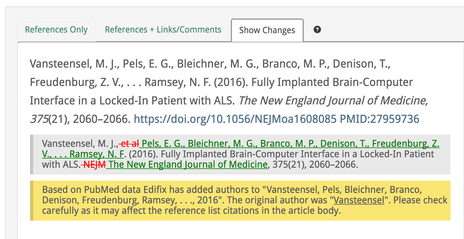 A screenshot showing the changes Edifix makes to an academic reference.