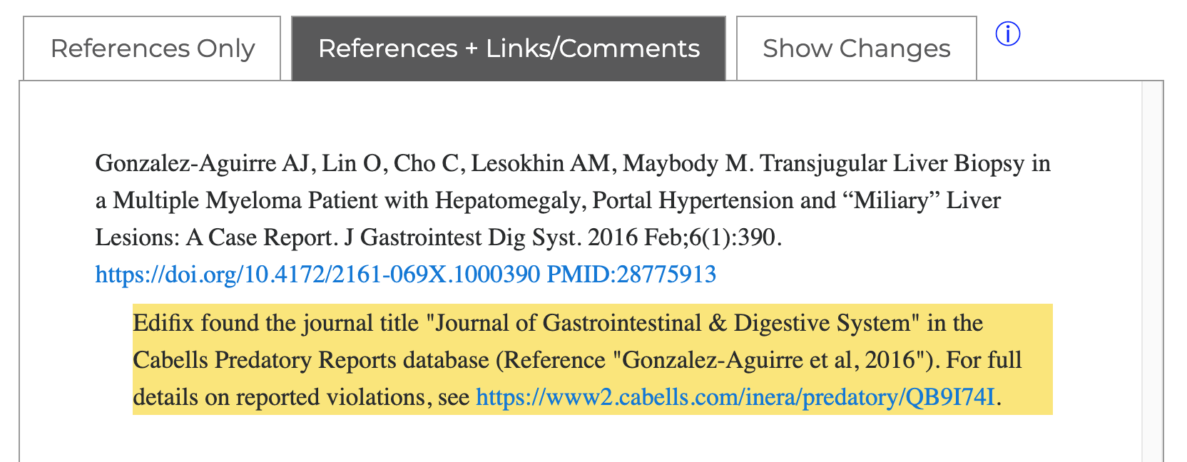 A screenshot showing a reference that Edifix processed and flagged as being from a predatory journal.